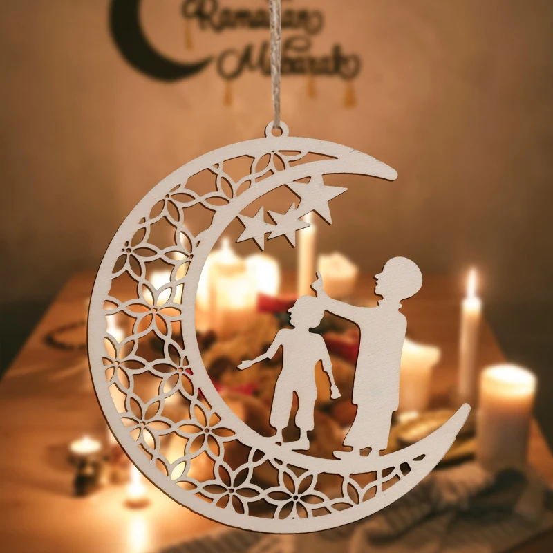 3pcs Eid Mubarak Wooden Ornament Hollow Moon Star Hanging Pendant Ramadan Kareem Decoration For Home Islamic Muslin Party Supply