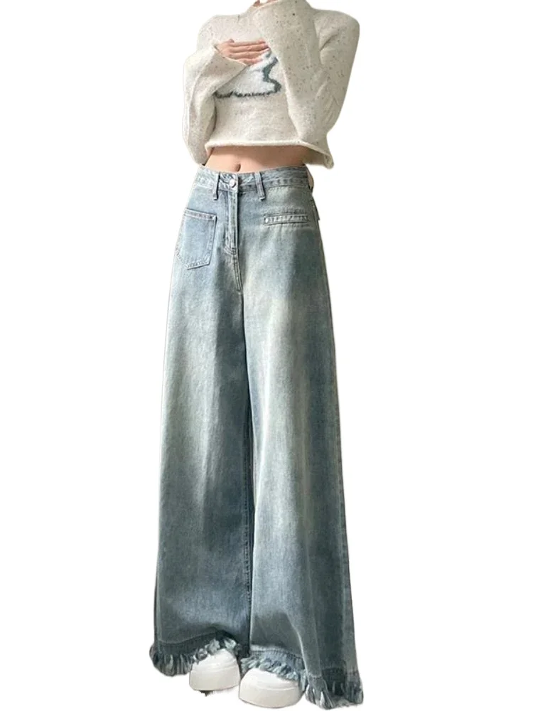ジーンズ レディース 春秋 バギー パンツ デニム ワイドレッグ トレンド タッセルデザイン 無地 レトロ オールマッチ ハイウエスト ヴィンテージ カジュアル
