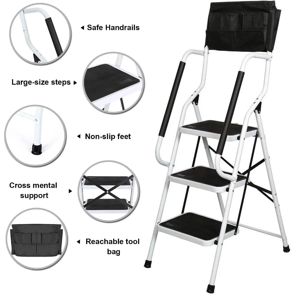 3 Step Ladder Tool Ladder Folding Portable Steel Frame MAX 500 lbs Non-Slip Side armrests Large Area Pedals Detachable ToolBag