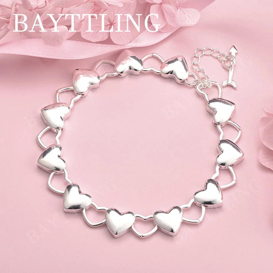 

925 Sterling Silver 8 Inch Beautiful Heart Chain Bracelet Women's Fashion Party Jewelry Accessory