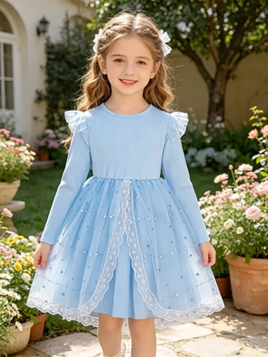 Blaues Prinzessinnenkleid mit Sternenmuster und Spitze für Kleine Mädchen, Langärmliges Tüllkleid für den Herbst – Detail 1