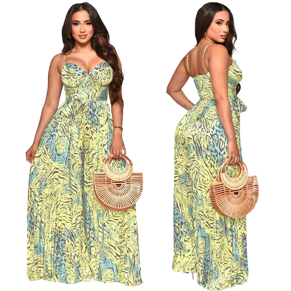 

Women Leopard Spaghetti Strap Loose Wide Leg Sleeveless Jumpsuit 2024 Summer Street Playsuit One Piece Suit Romper