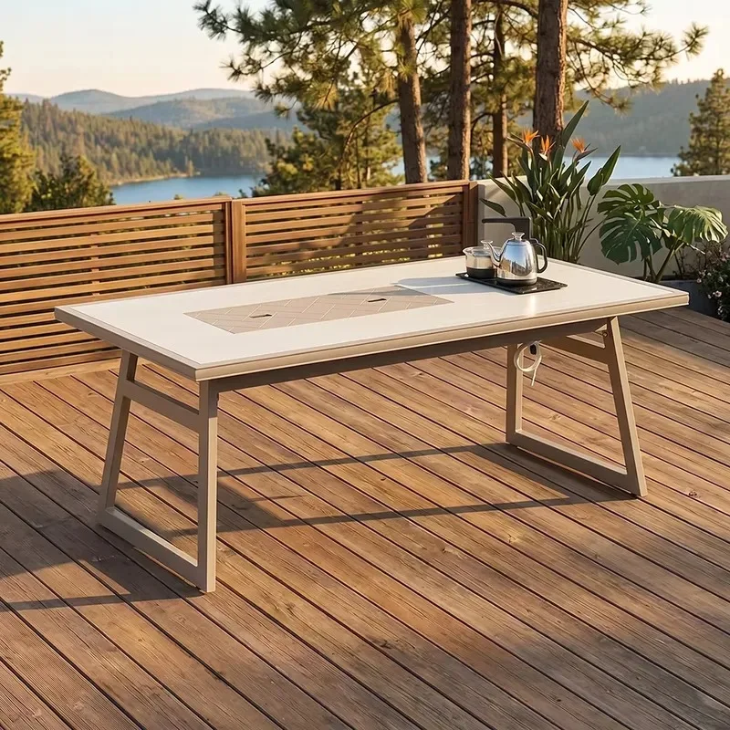 Outdoor Metal Barbecue Table with Grill Pan Commercial Grade Patio Furniture for Restaurant Garden BBQ