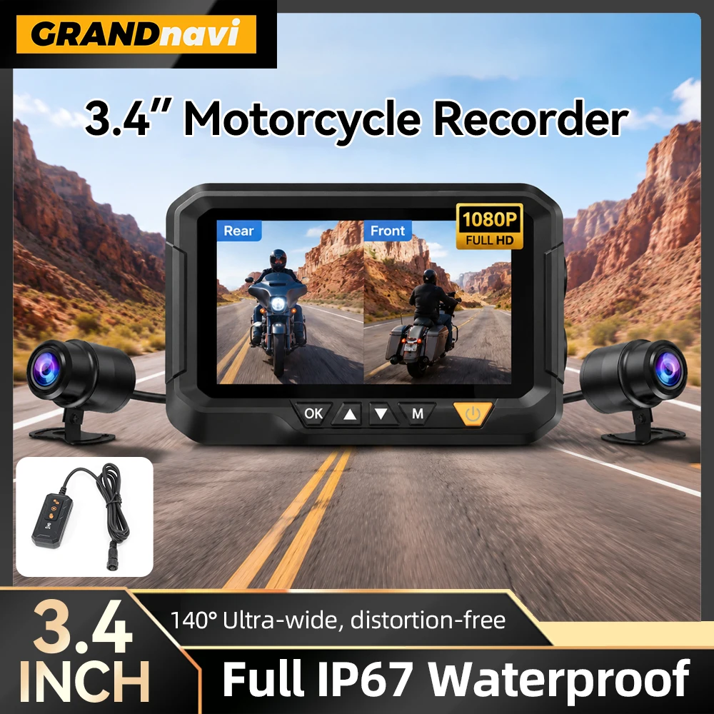 Caméra de tableau de bord pour moto 3,4 pouces, étanche IP67, double DVR avant et arrière, caméra 1080P, enregistreur vidéo en boucle, vision nocturne noire