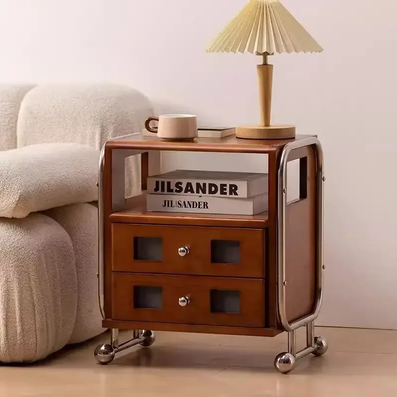 DSA French retro solid wood treasure box bedside table stainless steel medieval bedroom living room side cabinet sofa storage