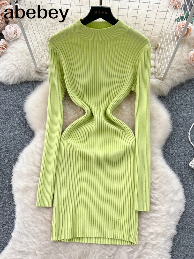 Abito lavorato a maglia autunnale da donna Mezza colletto Collo Abito maglione aderente basic elastico sottile sexy Mini abito caldo lavorato a maglia invernale