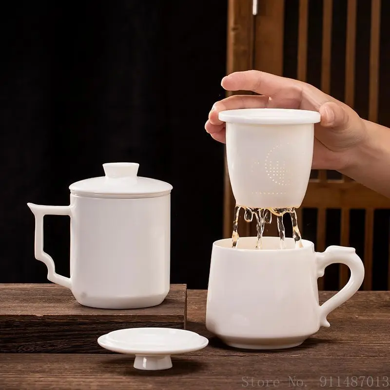 1pc Creative Chinese Style Pure White Color Office Mug Household Items Tearoom Personal With Lid Filter Water Tea Separation Cup