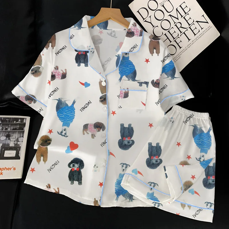 

Summer New Ladies Cute Wind Ice Silk Pajamas Girls Summer Premium Sense Puppy Print Short Sleeve Short Pants Pajamas Homewear Se