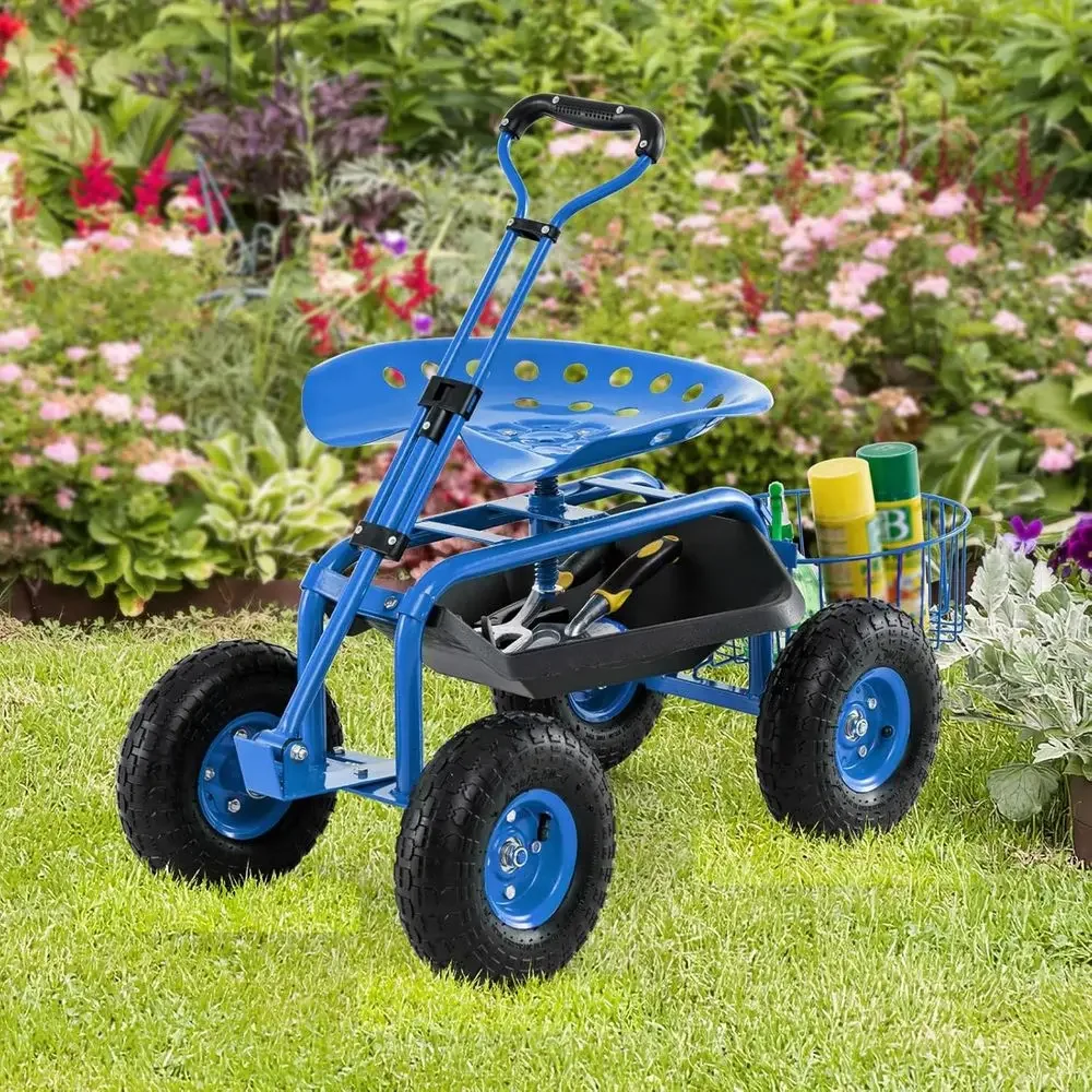 Adjustable Garden Cart with Swivel Seat, Rolling Patio Stool, Tool Tray & Basket for Outdoor Planting and Lawn Care