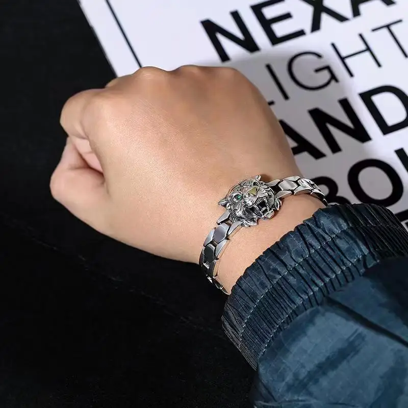 Original Design Tiger Head S925 Sterling Silver Domineering Tiger Zodiac Bracelet Men's Fashion Personalized Silver Gifts Bangle