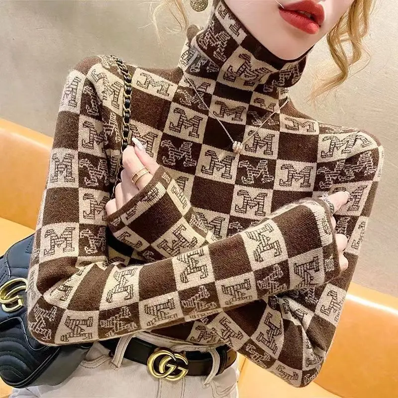 Women Comfortable Soft Pullovers Autumn Winter Fashion Y2k Letter Jacquard Sweaters Slim Turtleneck Knitted Jumper