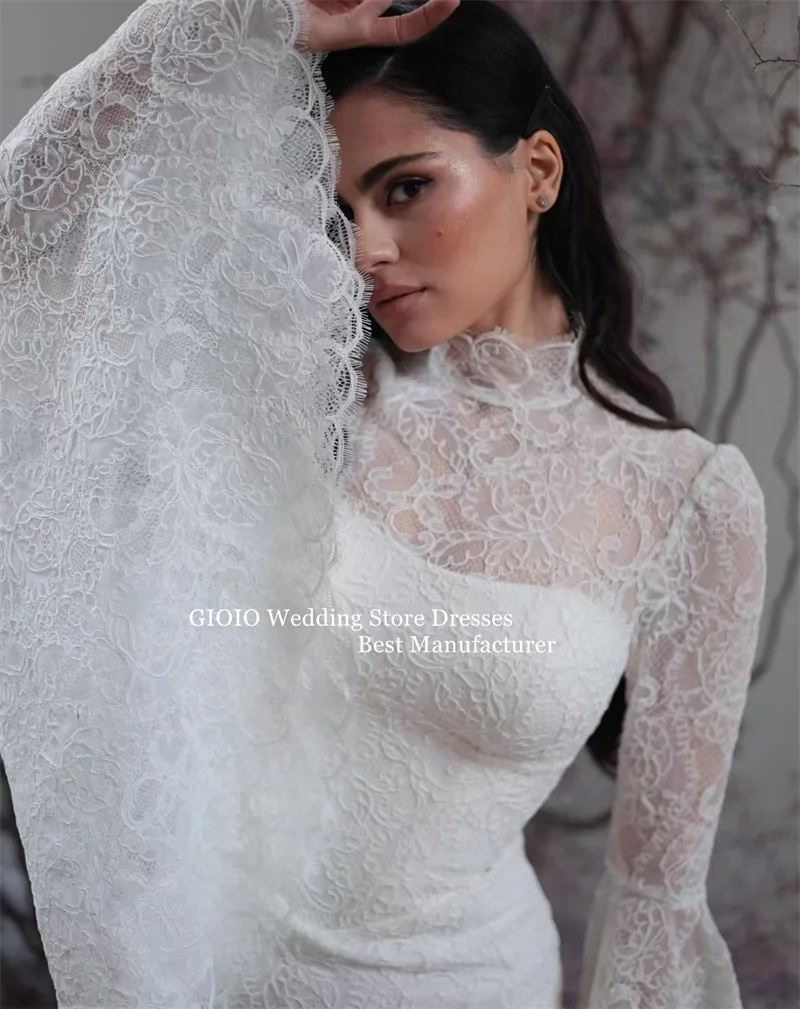 فستان زفاف GIOIO أنيق برقبة عالية وأكمام طويلة وأكمام طويلة مزين بحورية البحر من الدانتيل مع ذيل زفاف الكنيسة حسب الطلب
