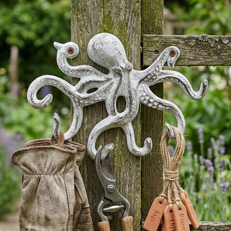 Vintage Cast Iron Octopus Wall Hook 6 Tentacles Hanger Antique White Distressed Coat Towel Key Holder Nautical Home Decor