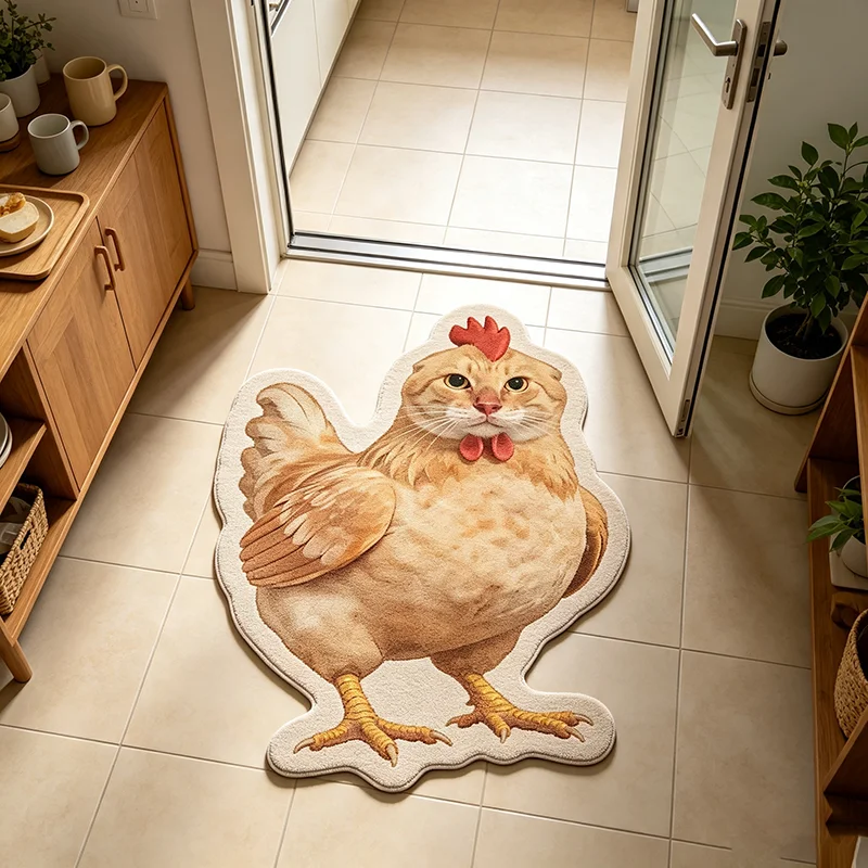 Funny Chicken‑Cat Hybrid Shaped Rug Fun Creative Home Decor Carpet for Living Room Bedroom Plush Floor Mat Entrance Door Mats
