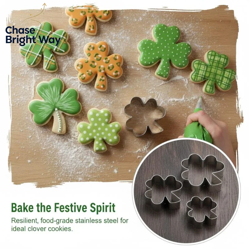 Clover Cookie Cutter Set 3 Pcs Food Safe Stainless Steel Shamrock Mold for Home Baking Party Treats
