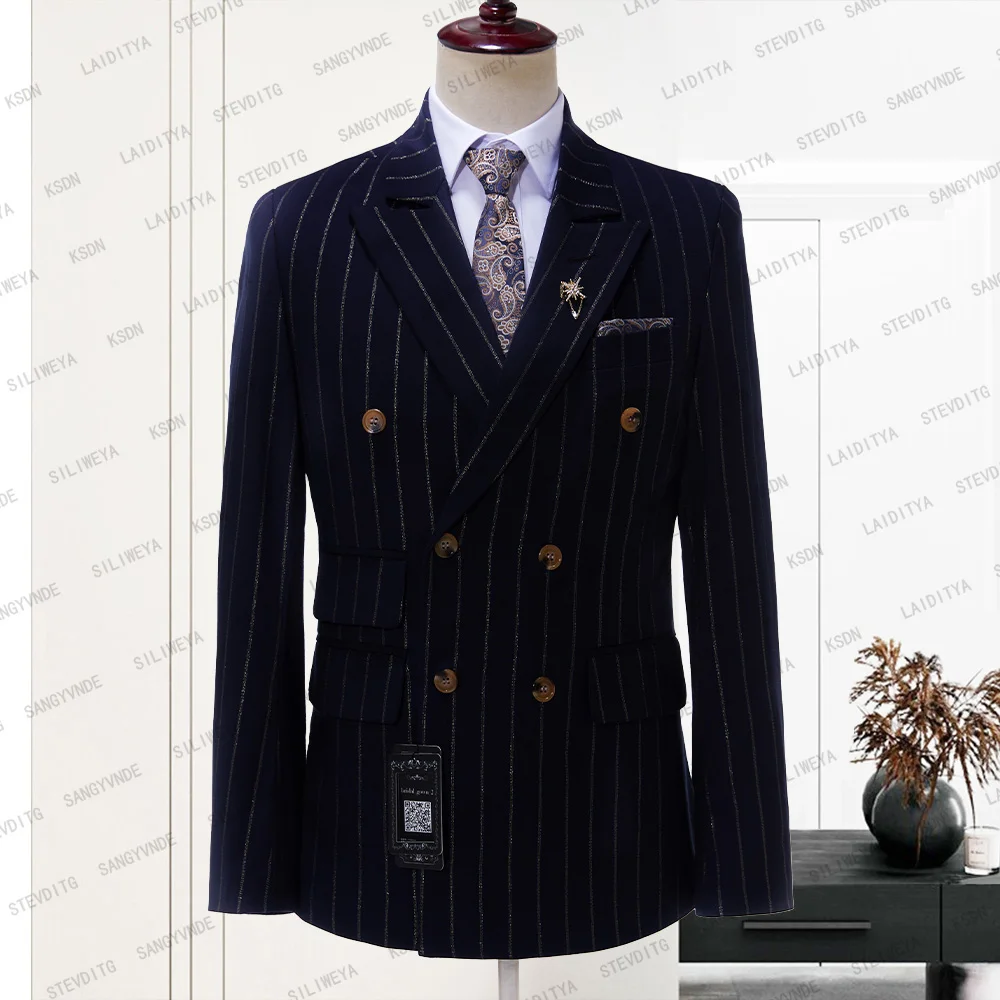 

2023 Latest Dark Blue Vertical Stripe Coat Design Men Suit Tailor-Made Tuxedo Blazer Wedding Party Groom Costume Homme Jacket