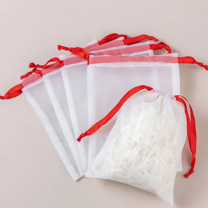 

20pcs/lot Mesh Nylon White Drawstring Pouches with Red Rope For Cosmetic Jewelry Packaging Bags Wedding Gift Candy Bags