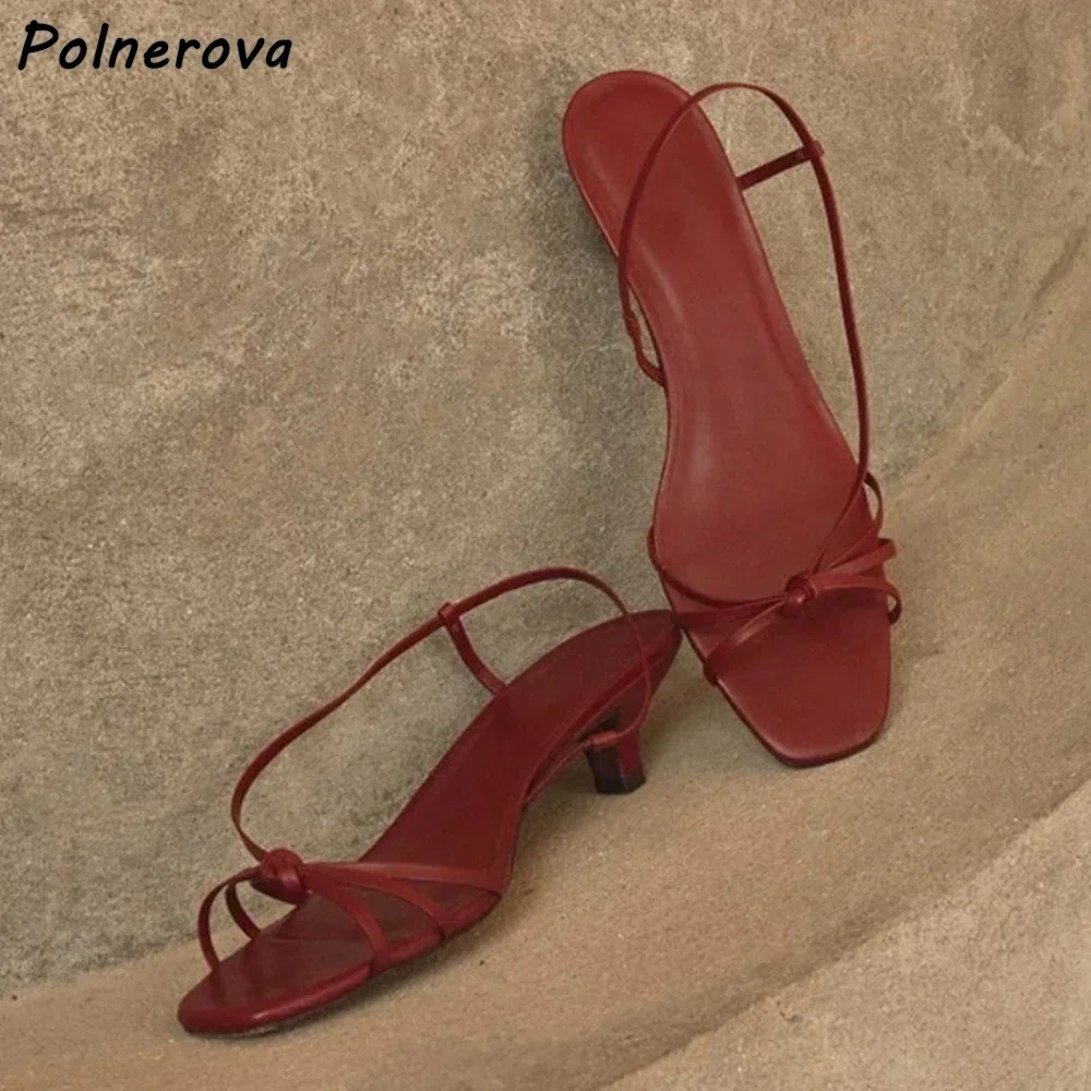 

Narrow Band Twist Sandals Kitten Heels Square Toe Leather Straight Strap Summer Back Strap Shoes Summer Fashion All Match Shoes