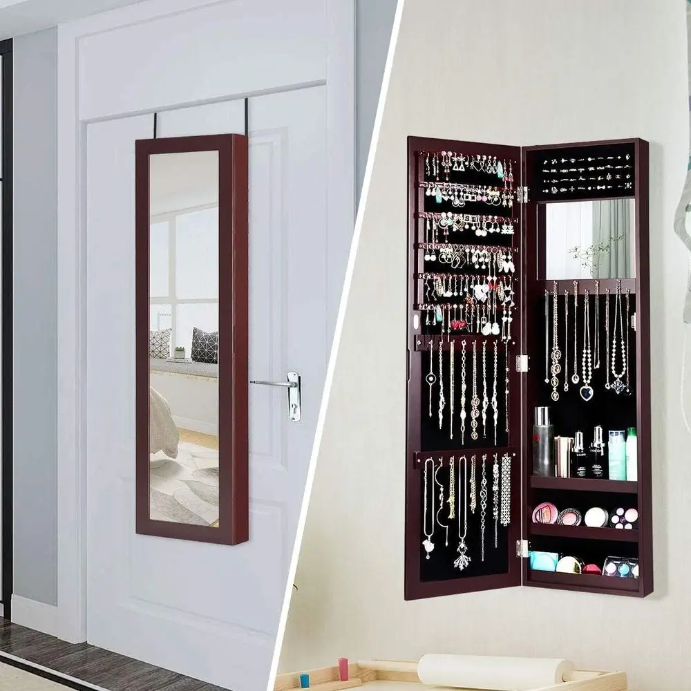Brown Wall-Mounted Jewelry Armoire with Full-Length and Inside Makeup Mirrors, Large Storage for Women and Girls