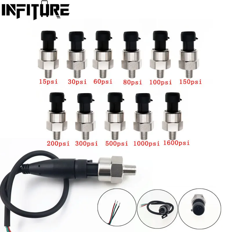 DC 5V 1/8NPT Pressure Transducer Transmitter Sensor Stainless Steel Oil Air Water 15/30/60/80/100/150/200/300/500/1000/1600Psi