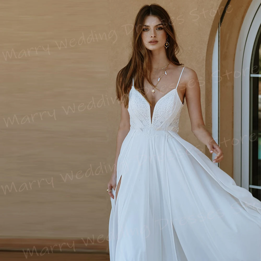 Vestidos de casamento feminino fascinante, apliques simples de renda, vestidos de noiva, cintas de espaguete, sem encosto, sexy