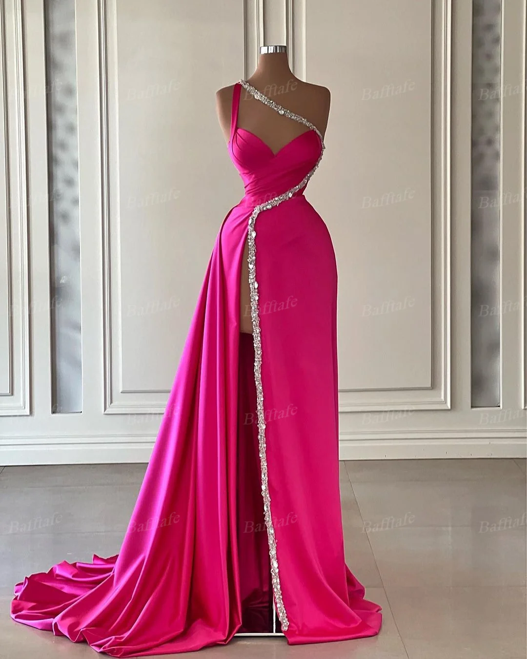 Bafftafe Customized Mermaid Satin Evening Dresses Women Special Dress High Slit Beaded Party Birthday Gowns Formal Prom Dress