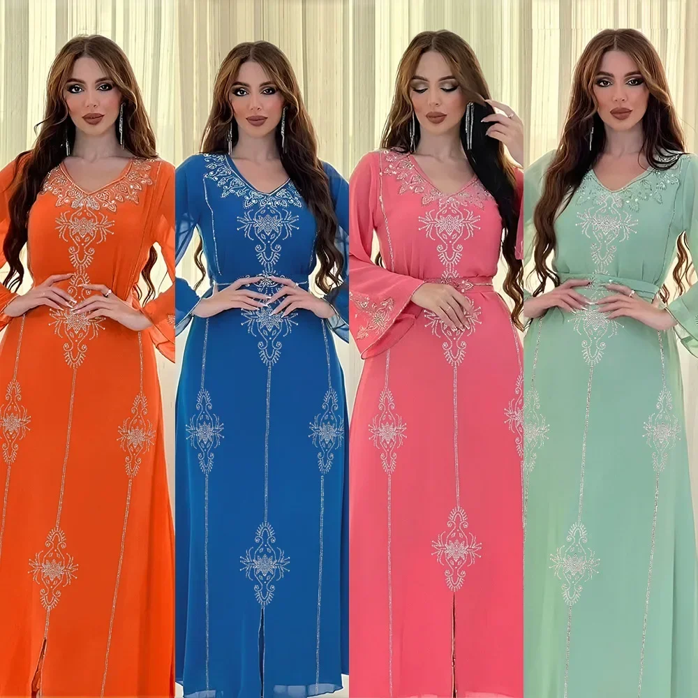 

Dubai Saudi Abaya Diamonds Muslim for Women Chiffon Long Maxi Dress Turkey Arabic Kaftan Islamic Party Gown Morocco Eid Jalabiya