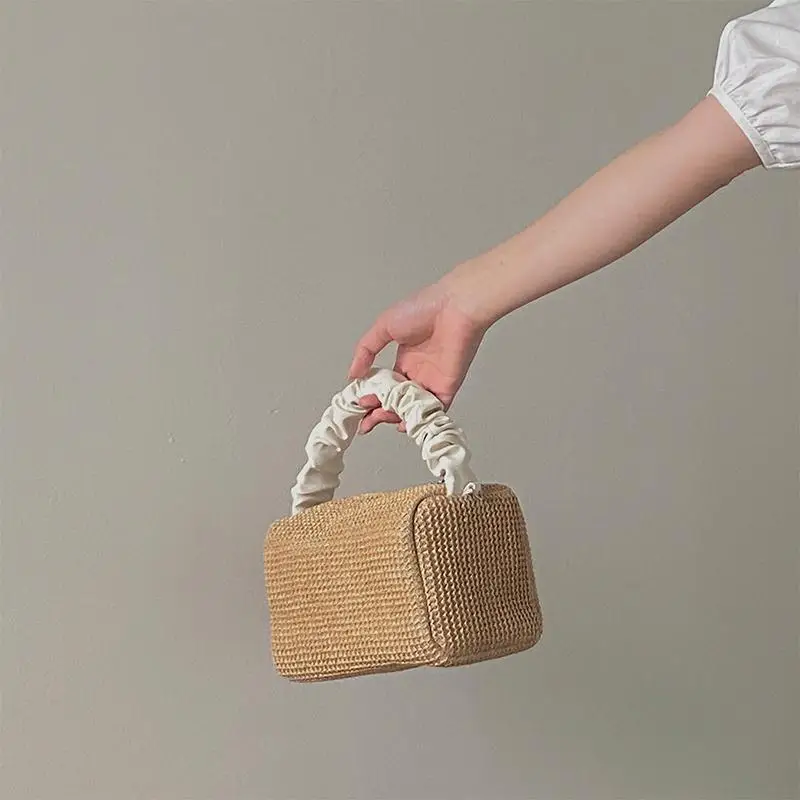 Sac à main tissé d'été pour femmes, sac seau décontracté à fermeture éclair solide décontracté Simple à bandoulière, sac de plage assorti, petit frais