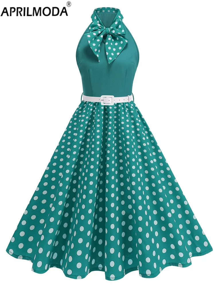 가을 봄 빈티지 패치워크 빅 스윙 A라인 캐주얼 드레스 50년대 슬리브리스 홀터 폴카 도트 프린트 보우 넥 오피스 파티 드레스