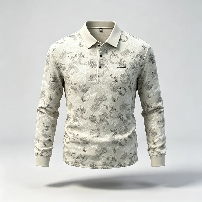 Spring Autumn Mens Lapel Polo Tops High Elastic Wrinkle Resistant Material Full Print Pattern Small Chest Logo Menswear