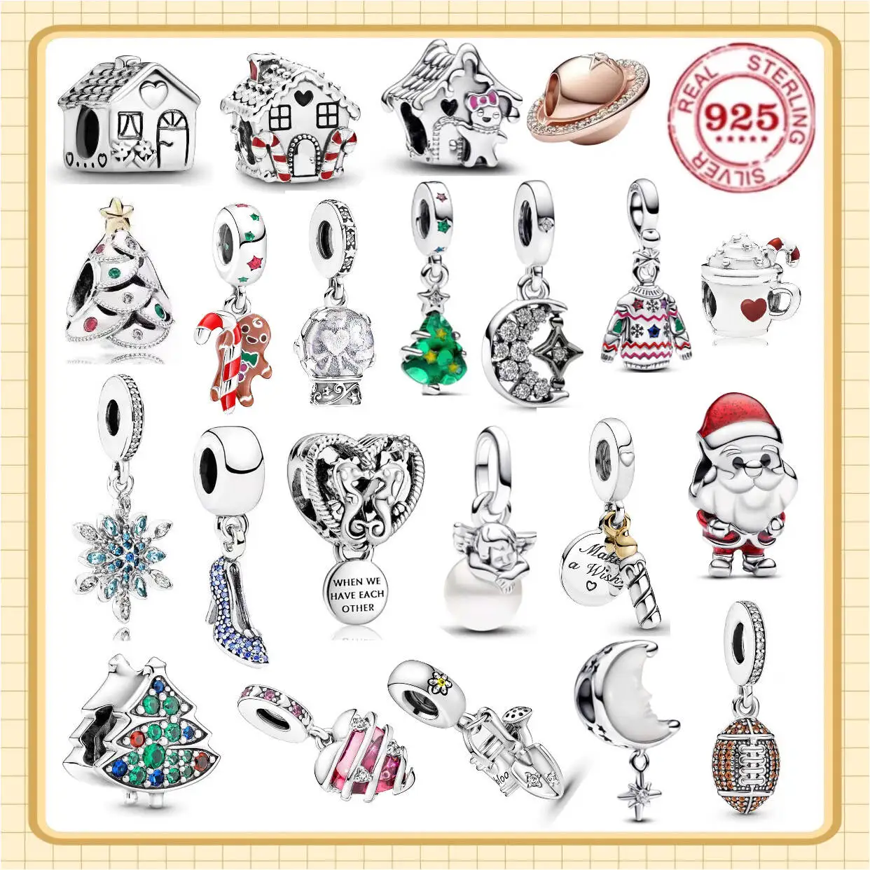 

Christmas Series 100% 925 Sterling Silver Santa Claus Biscuit Tree House Pendant DIY Bracelet Women's Exquisite Fine Jewelry