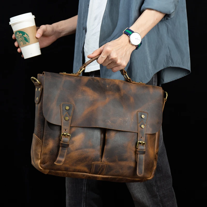 Retro handbag leather briefcase leather shoulder messenger bag male crazy horse leather messenger bag Cambridge bag