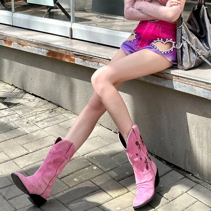 

Pink Mid Length Boots, High Heels, Western Cowboy Boots, High Sleeves, Knight Boots, Women's Summer Boots, Outfit