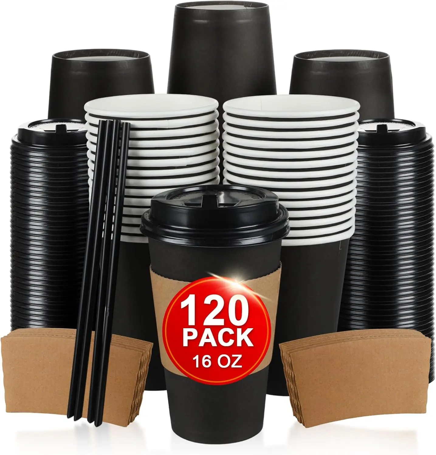 

Набор из 120 бумажных стаканов для кофе объемом 16 унций, одноразовые черные стаканы для кофе с крышками, втулками и палочками для размешивания