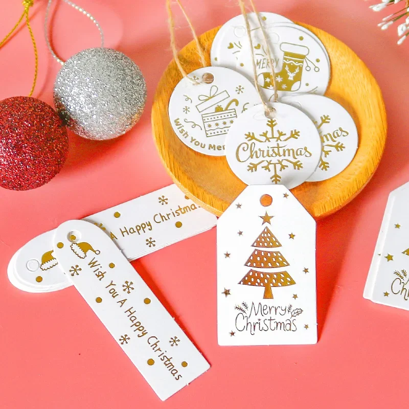 50pcs Merry Christmas Gift Tags Printed White Paper Labels Xmas Tree Hanging Decor Xmas Party Packaging Supplies Cookie Bag Tag