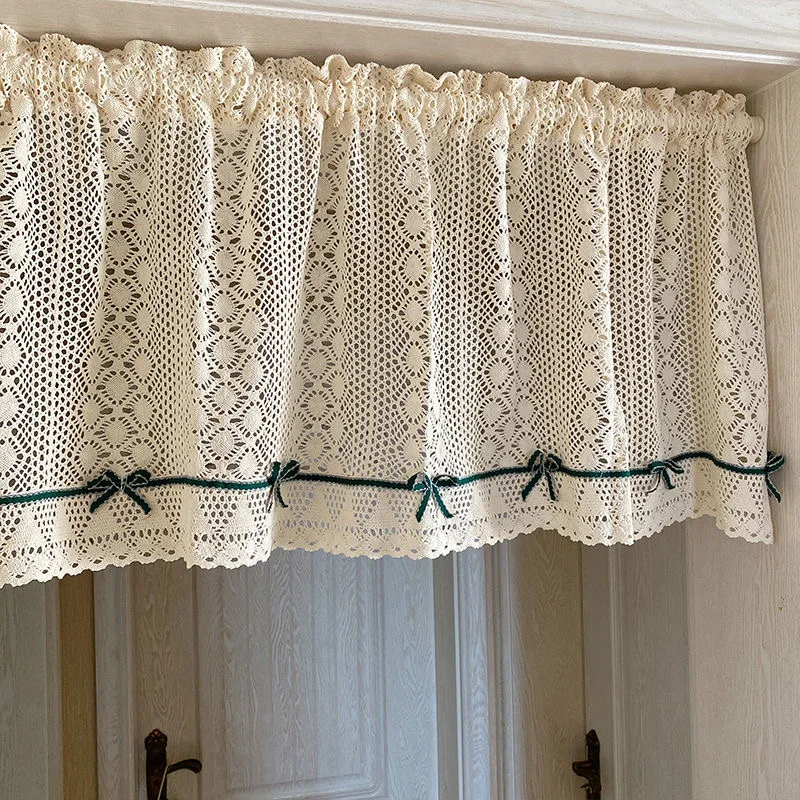 American Country Crochet Hollow Short Curtains for Roman Window Kitchen Manual Rhombus Lace Bowknot Half Curtains Valance #A476