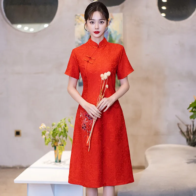 Chinese Traditional Women's Red Lace Short Sleeve Cheongsam Stage Performance Improved Qipao Dress Daily Wearable New Year CNY