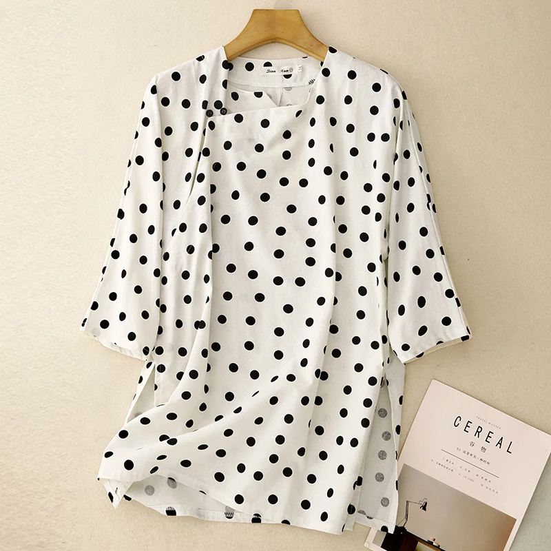 

High-End Fashionable Cotton Linen Thin Long Top High Slit Vintage Chinese Style Summer Shirt Slimming Age-Defying Polka Dot