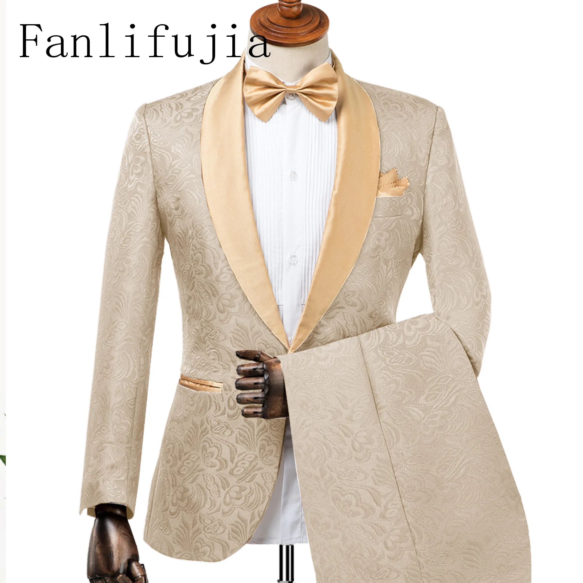 Fanlifujia Mens Wedding Suits 2024 Italian Design Custom Made Champagne Smoking Tuxedo Jacket 2 Piece Groom Terno Suits For Men