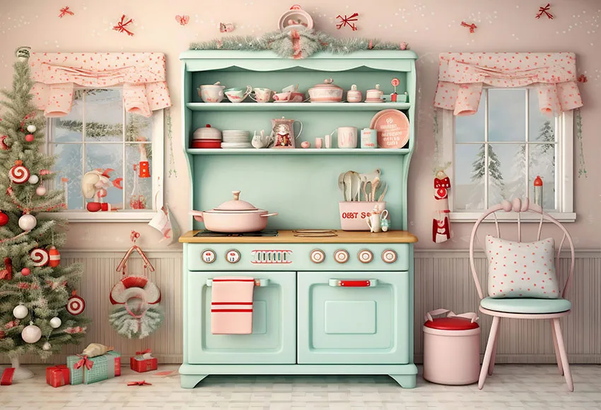 Mehofonds latar belakang dapur Natal Modern anak-anak liburan pesta alat peraga fotografi hijau lemari peralatan masak dekorasi latar belakang foto