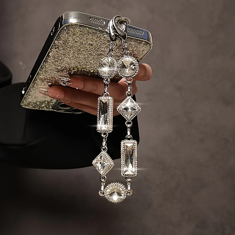

1 crystal inlaid metal bracelet wristband with elegant rectangular diamond lanyard strap, including transparent clips, exquisite accessories for mobile phone cases, keychains, bag accessories, mobile phone pendants, fashion wristbands, crystal bracelets