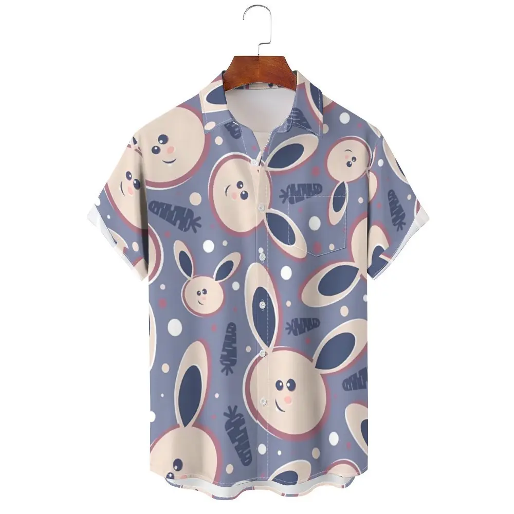 

Hawaiian Oversized Men's Shirt Cartoon Rabbit Pattern Floral Print Social Men Graffiti Clothing Vintage Harajuku New Summer