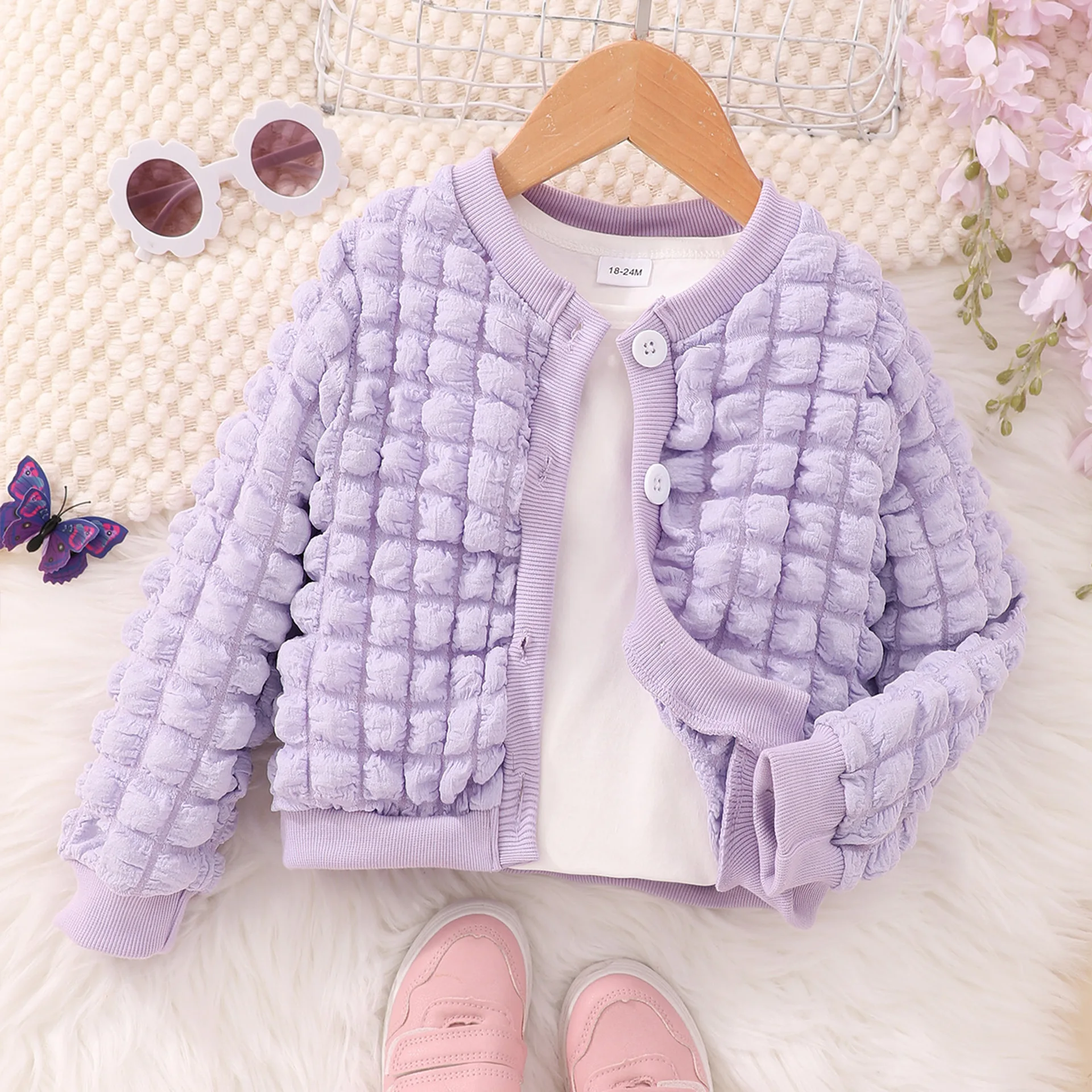 

2024 new girls' casual solid color pit stripe puffed sleeve knitted cardigan top 3-7 years old girls daily coat