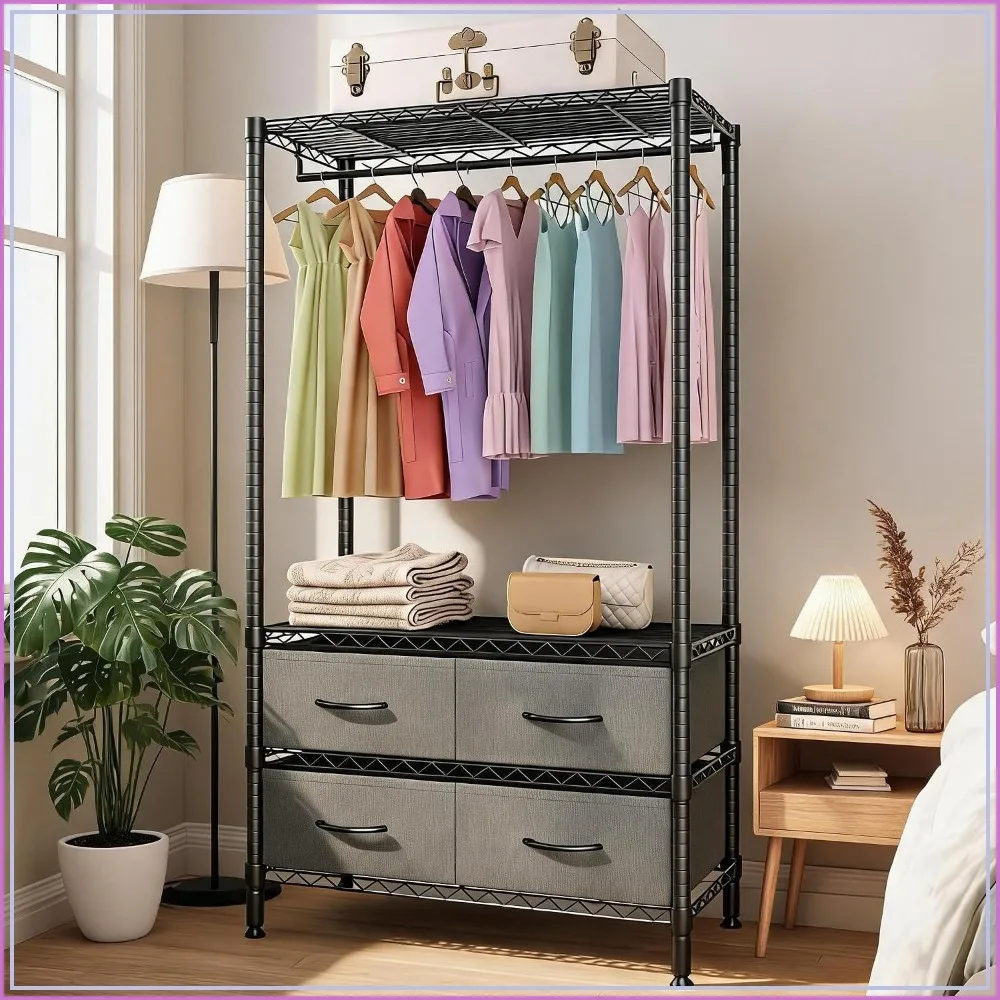 Freestanding Clothes Rack with Drawers and Adjustable Shelves