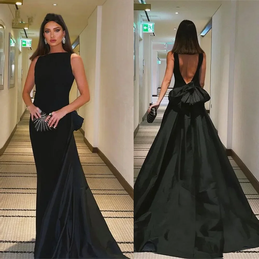 

Новое элегантное и минималистичное бальное платье с круглым вырезом по индивидуальному заказу, 2021, черное бальное платье с бантом, сексуальное вечернее платье русалки без рукавов и открытой спины