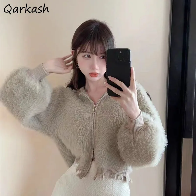 

Chic Fluffy Hole Short Hooded Cardigan Women Fashion Gentle Sweet Young Popular All-match Loose Leisure Coats Ladies Ins New BF