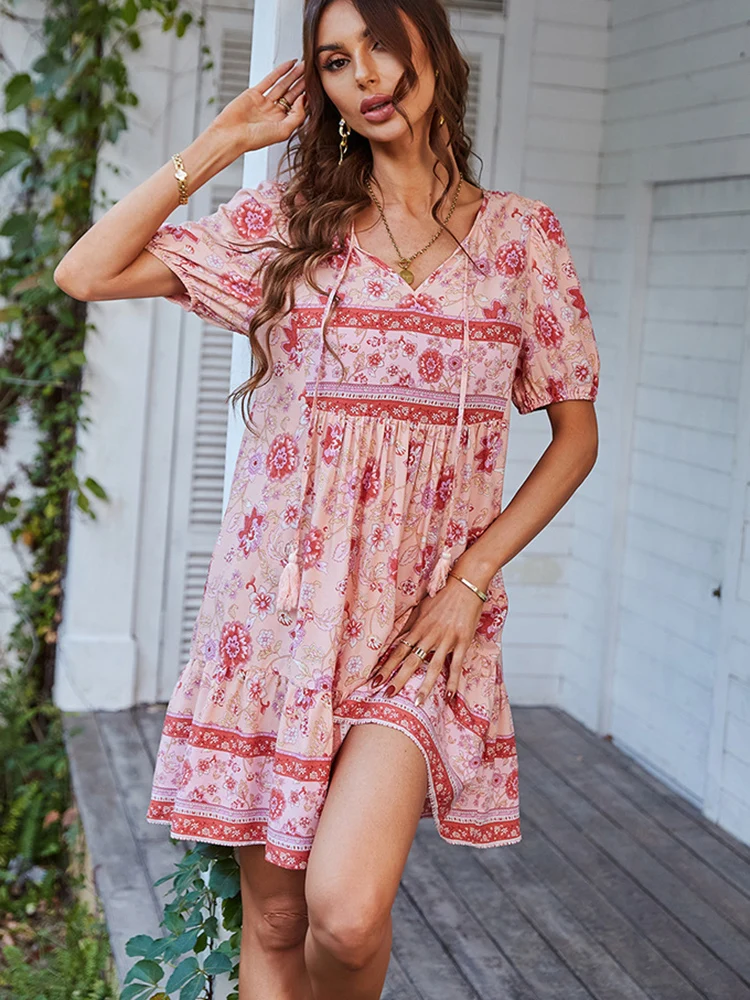 Floral Puff Sleeve Summer Dress Women Casual Loose Ruffle Boho Holiday Beach Sundress Green Vintage Elegant Lace-up Mini Dresses