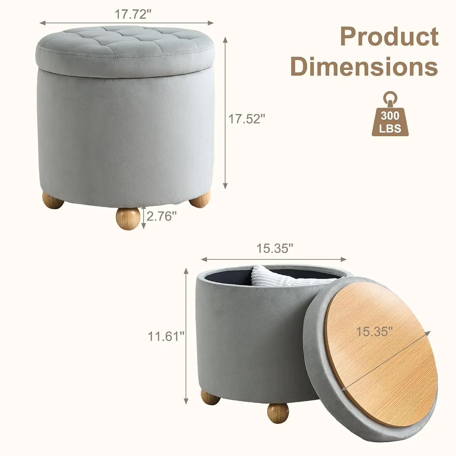 Round Storage Ottoman Button Tufted Upholstered Foot Stool Wooden Legs Removable Lid Living Room Bedroom Entryway, Customized