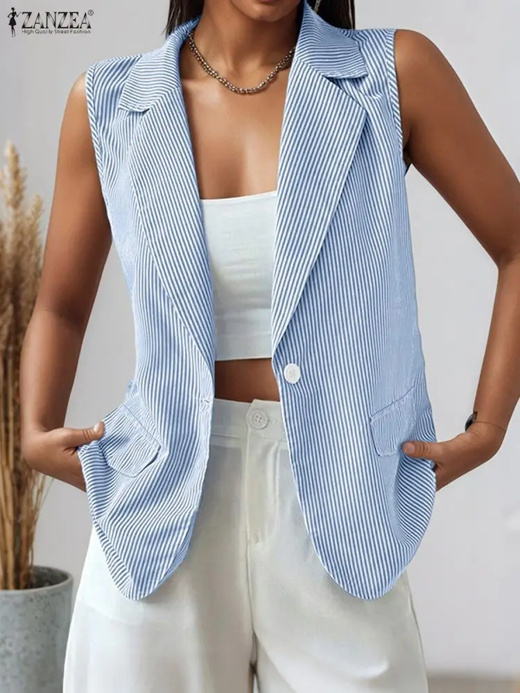 

ZANZEA модный полосатый женский пиджак, жилеты, элегантный костюм без рукавов с зубчатыми лацканами, жилетки, осень 202, офисная одежда для поездок на работу 3XL