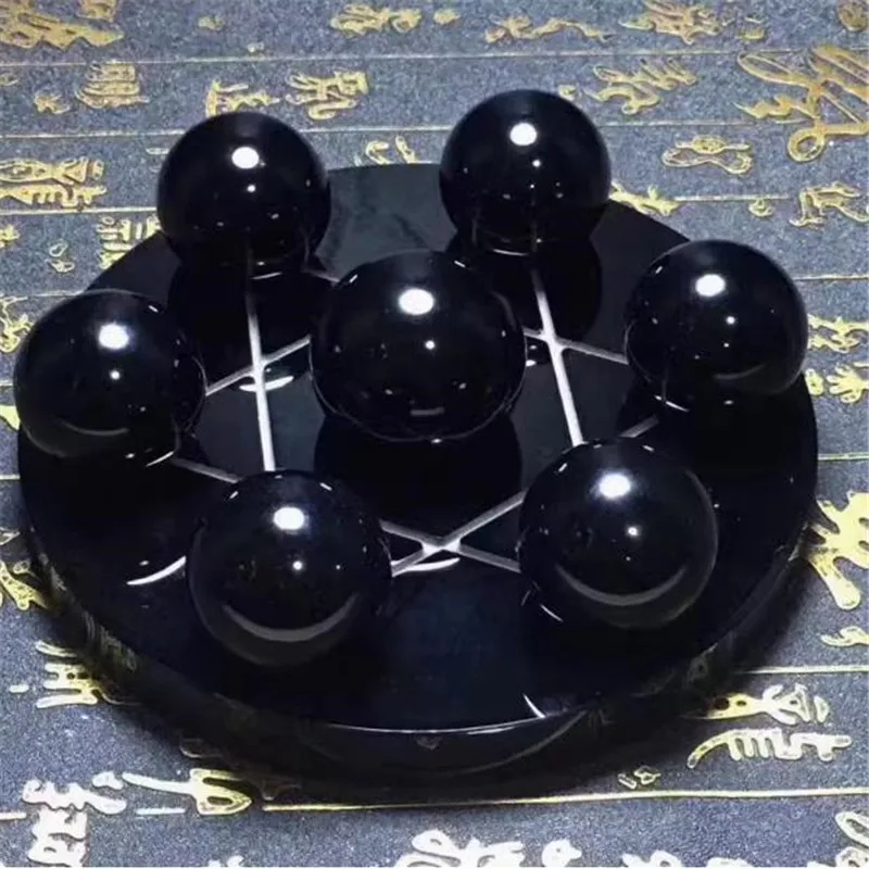 10 cm Natürliche Schwarze Obsidian Stein Kugel Kugel Sieben Sterne Array Runde Grundplatte Fengshui Spiegel Für Home Dekoration geschenk – Detail 1